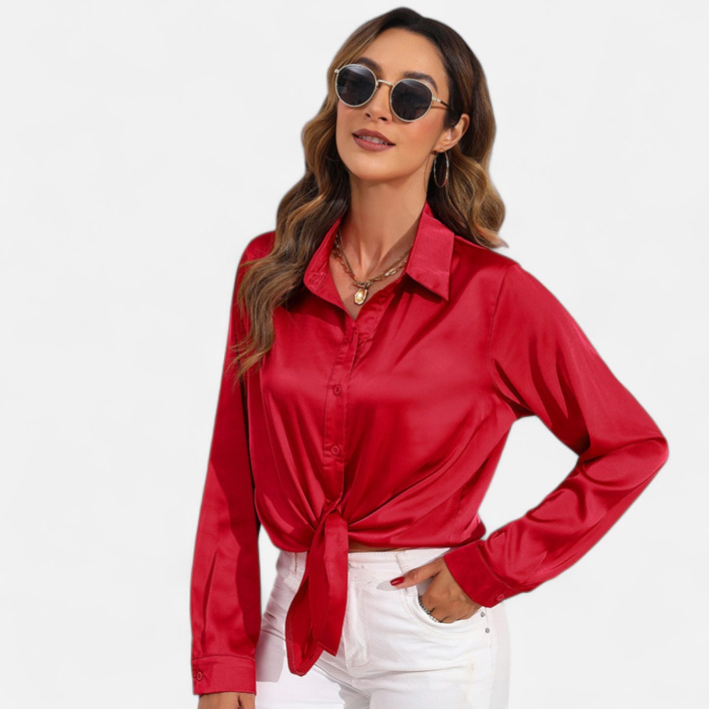 Ritouh | Women’s Satin Blouse – Long Sleeve Elegance in Solid Colour
