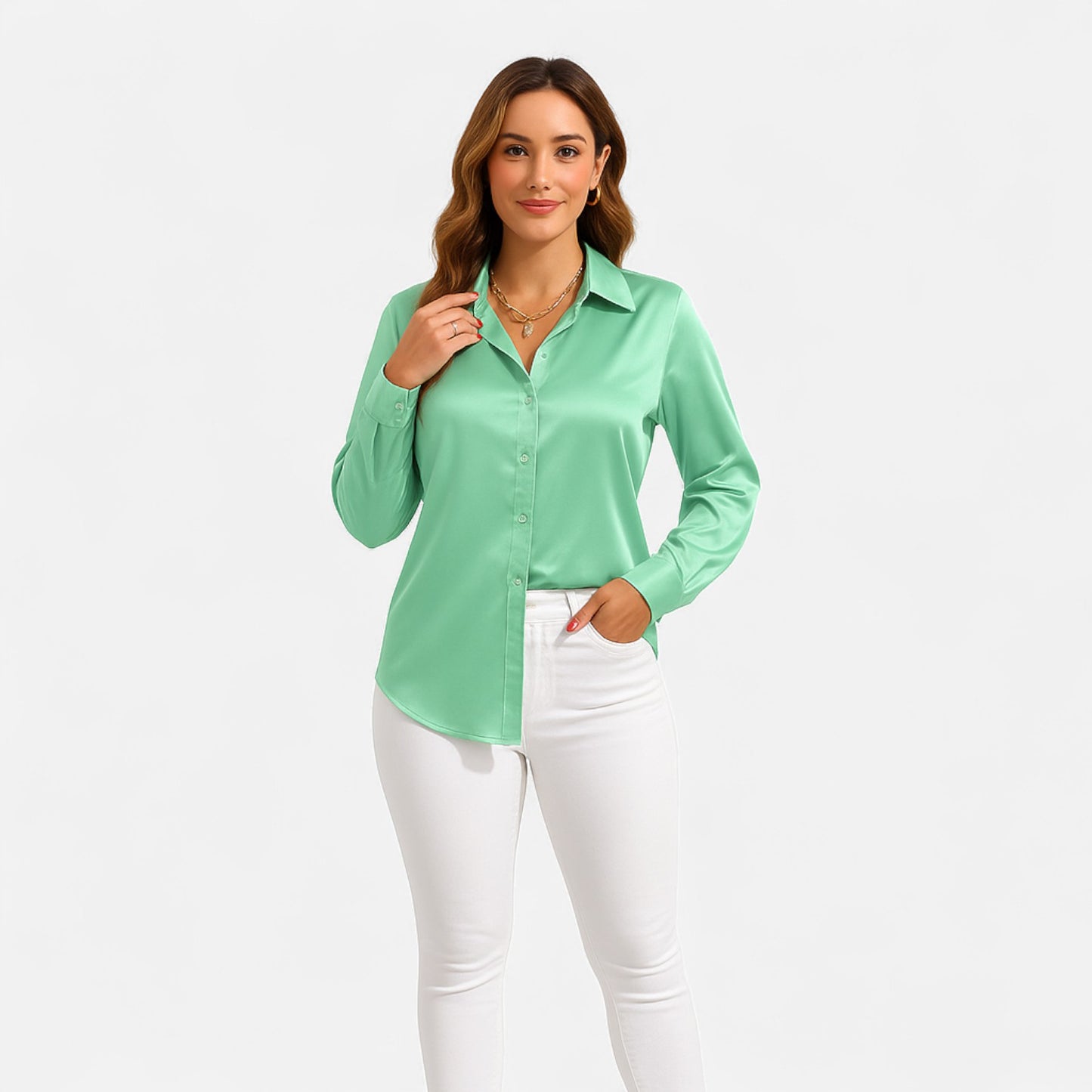 Ritouh | Women’s Satin Blouse – Long Sleeve Elegance in Solid Colour