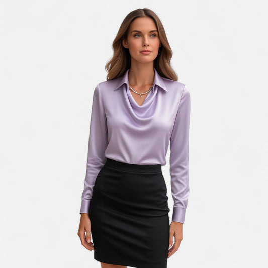 Ritouh | Women’s Satin Blouse – Draped Neck Elegance in White