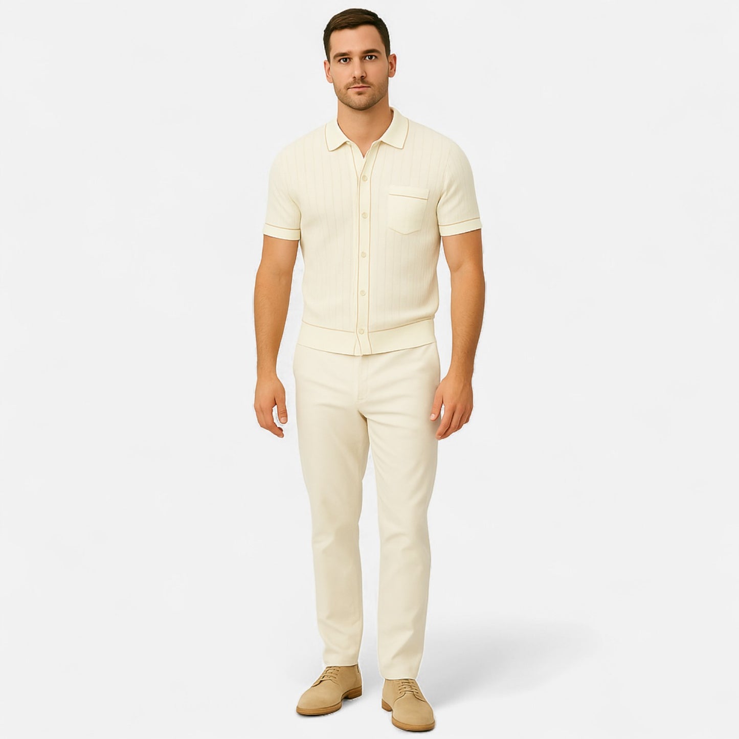 Ritouh | Men’s Knit Button-Up Shirt – Ribbed Texture with Contrast Trim