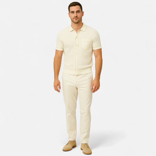 Ritouh | Men’s Knit Button-Up Shirt – Ribbed Texture with Contrast Trim