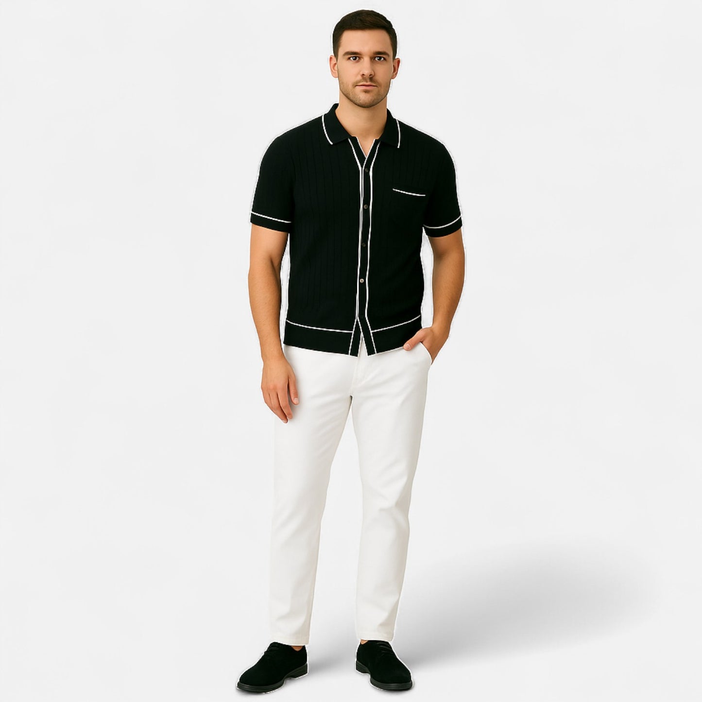 Ritouh | Men’s Knit Button-Up Shirt – Ribbed Texture with Contrast Trim