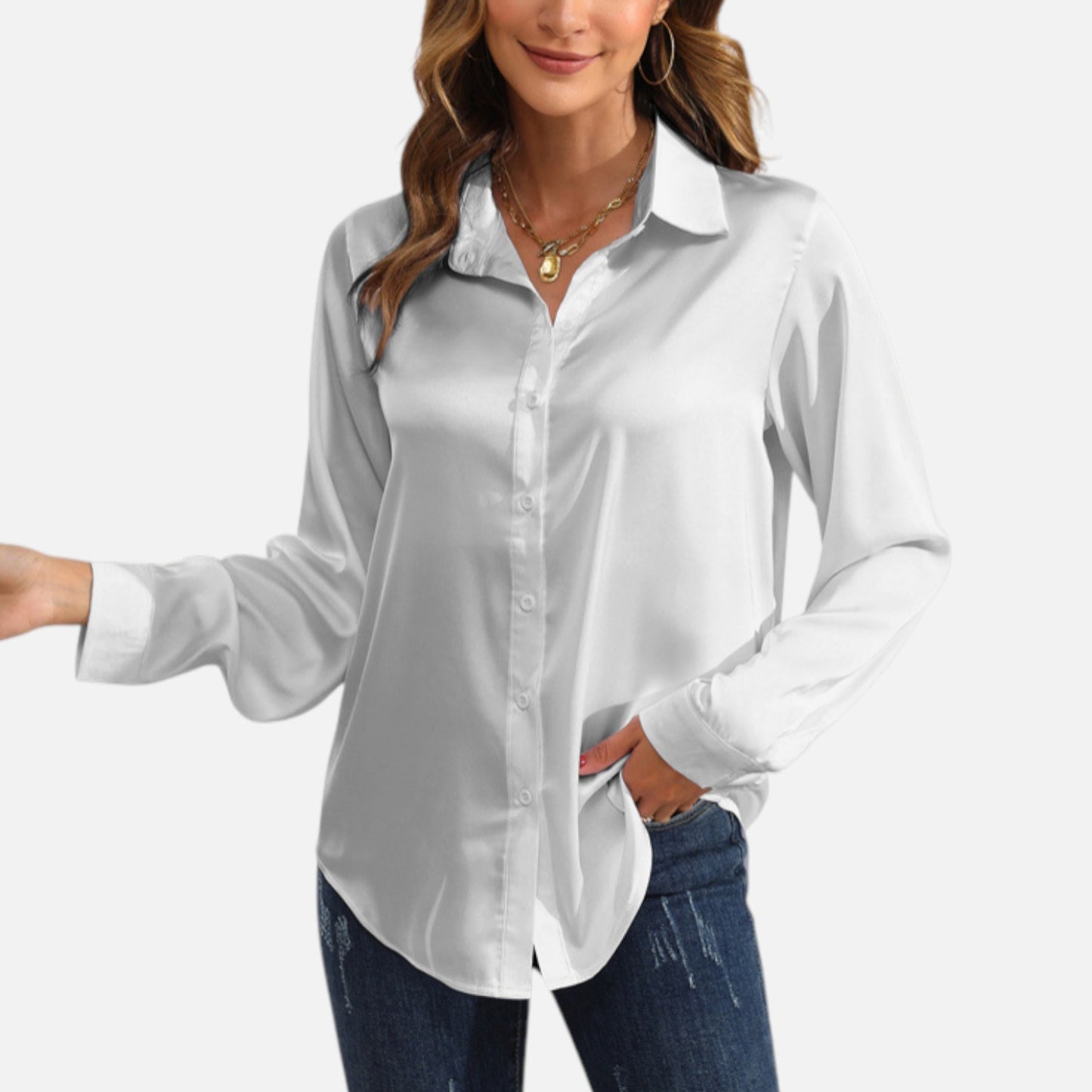 Ritouh | Women’s Satin Blouse – Long Sleeve Elegance in Solid Colour