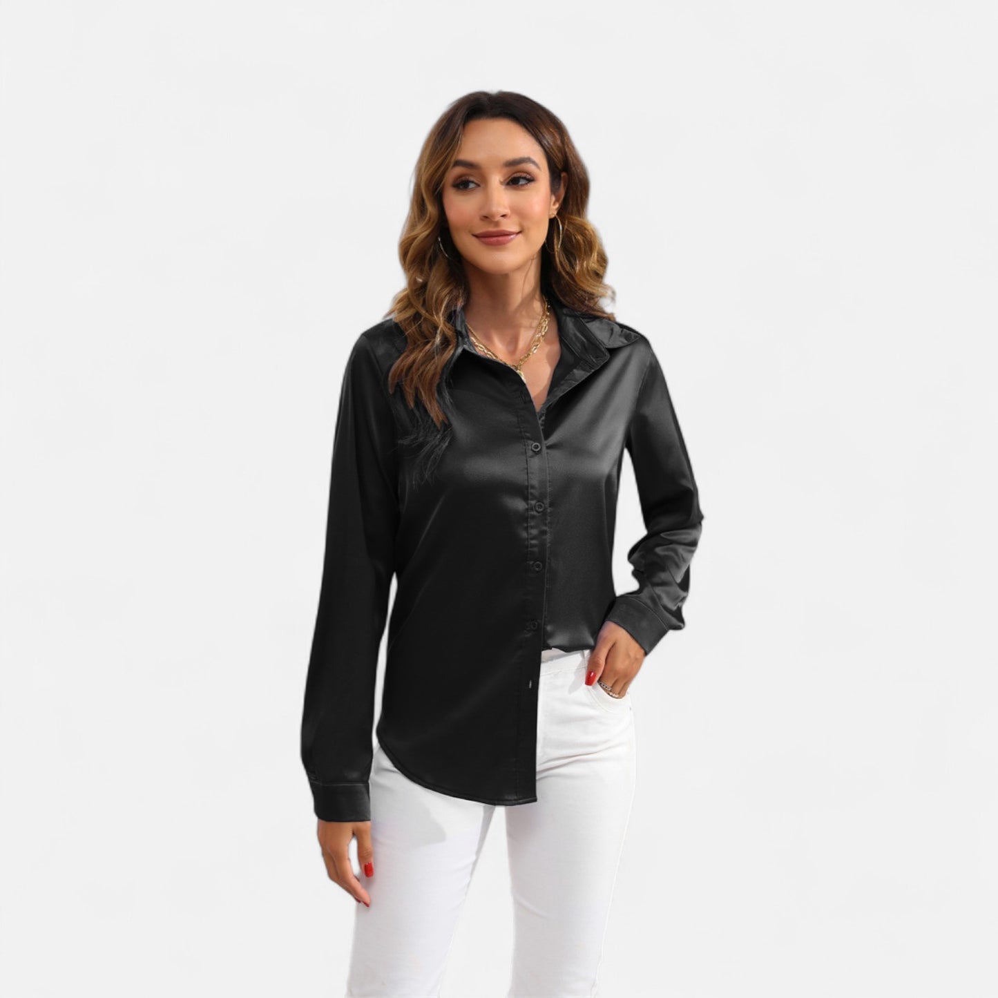Ritouh | Women’s Satin Blouse – Long Sleeve Elegance in Solid Colour