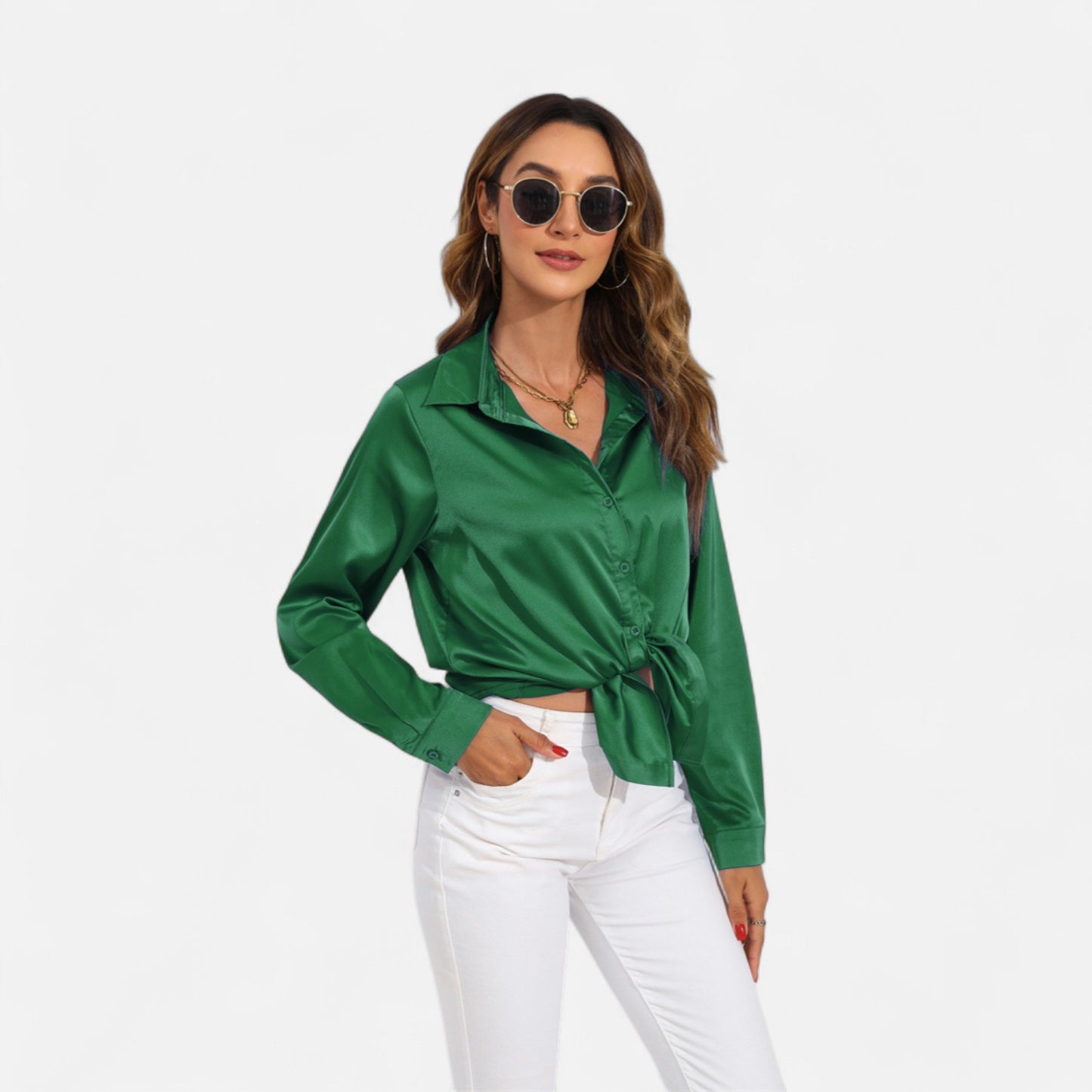 Ritouh | Women’s Satin Blouse – Long Sleeve Elegance in Solid Colour