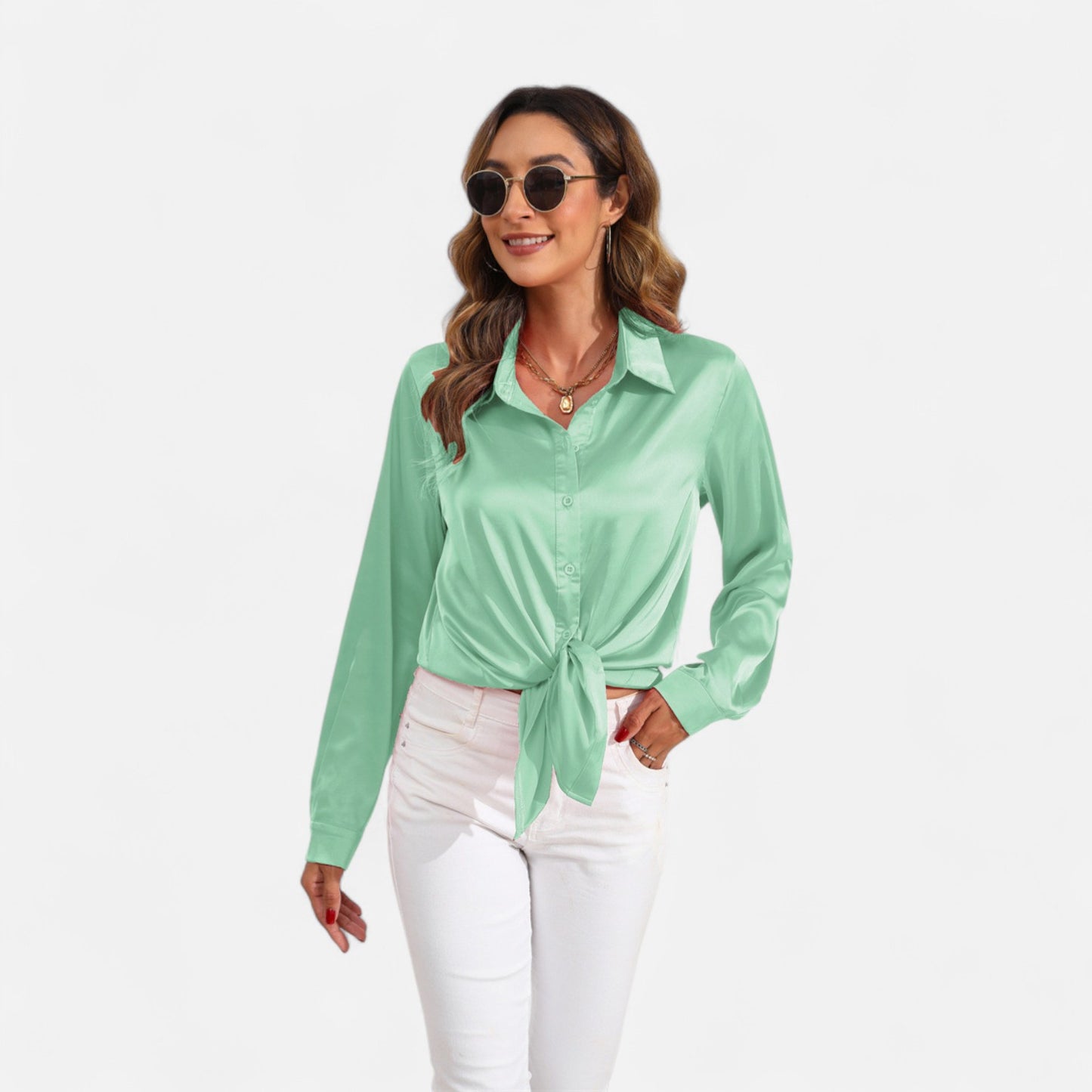 Ritouh | Women’s Satin Blouse – Long Sleeve Elegance in Solid Colour