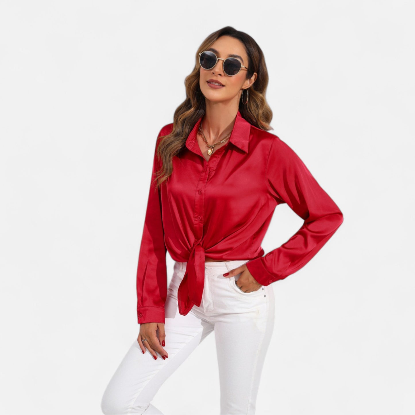 Ritouh | Women’s Satin Blouse – Long Sleeve Elegance in Solid Colour