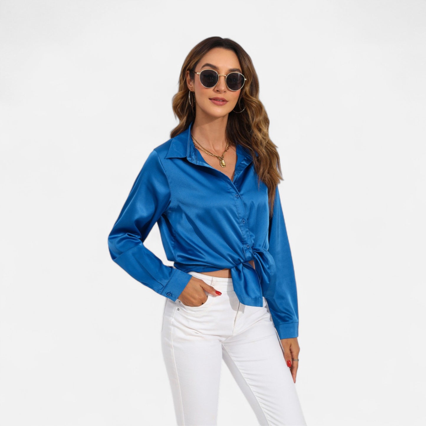 Ritouh | Women’s Satin Blouse – Long Sleeve Elegance in Solid Colour