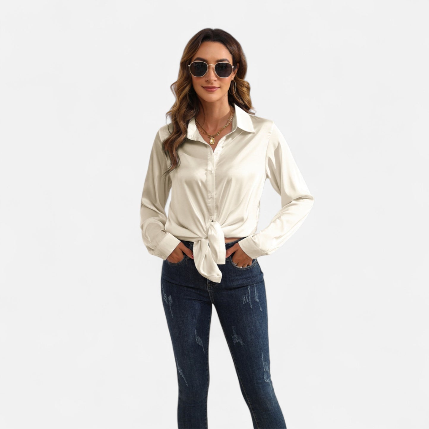 Ritouh | Women’s Satin Blouse – Long Sleeve Elegance in Solid Colour