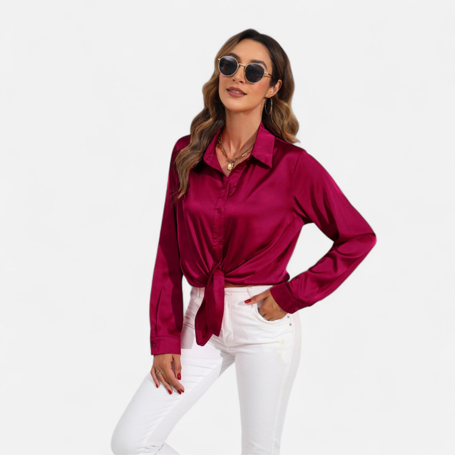 Ritouh | Women’s Satin Blouse – Long Sleeve Elegance in Solid Colour