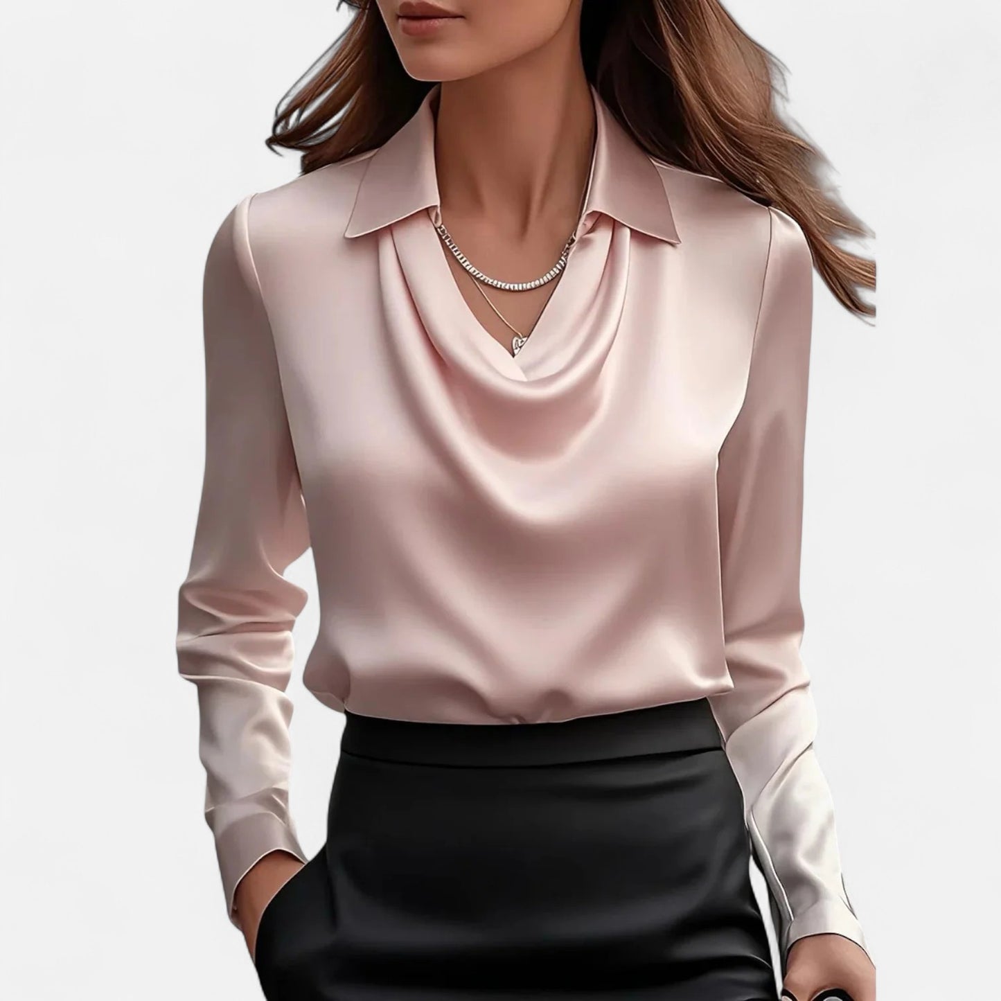 Ritouh | Women’s Satin Blouse – Draped Neck Elegance in White