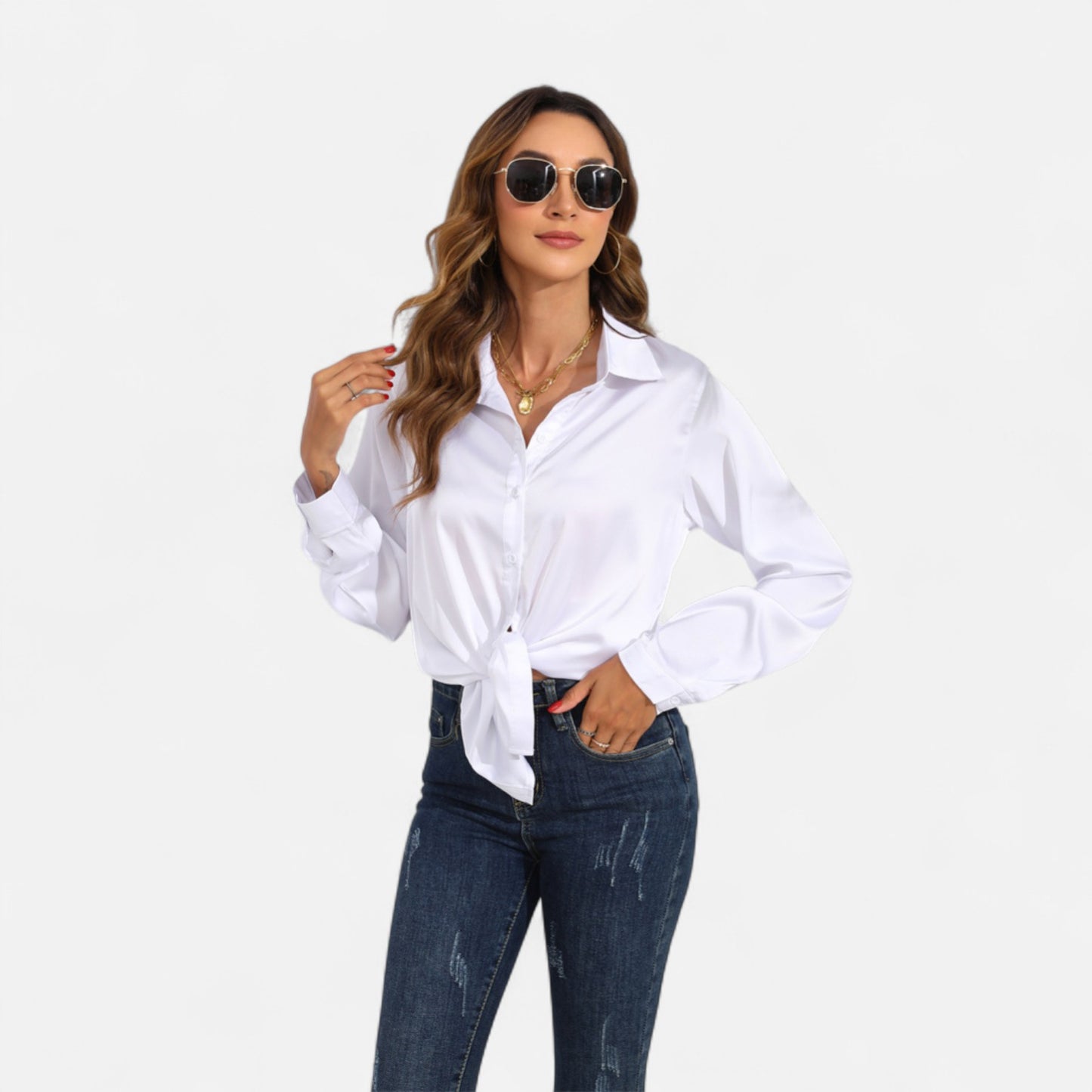 Ritouh | Women’s Satin Blouse – Long Sleeve Elegance in Solid Colour