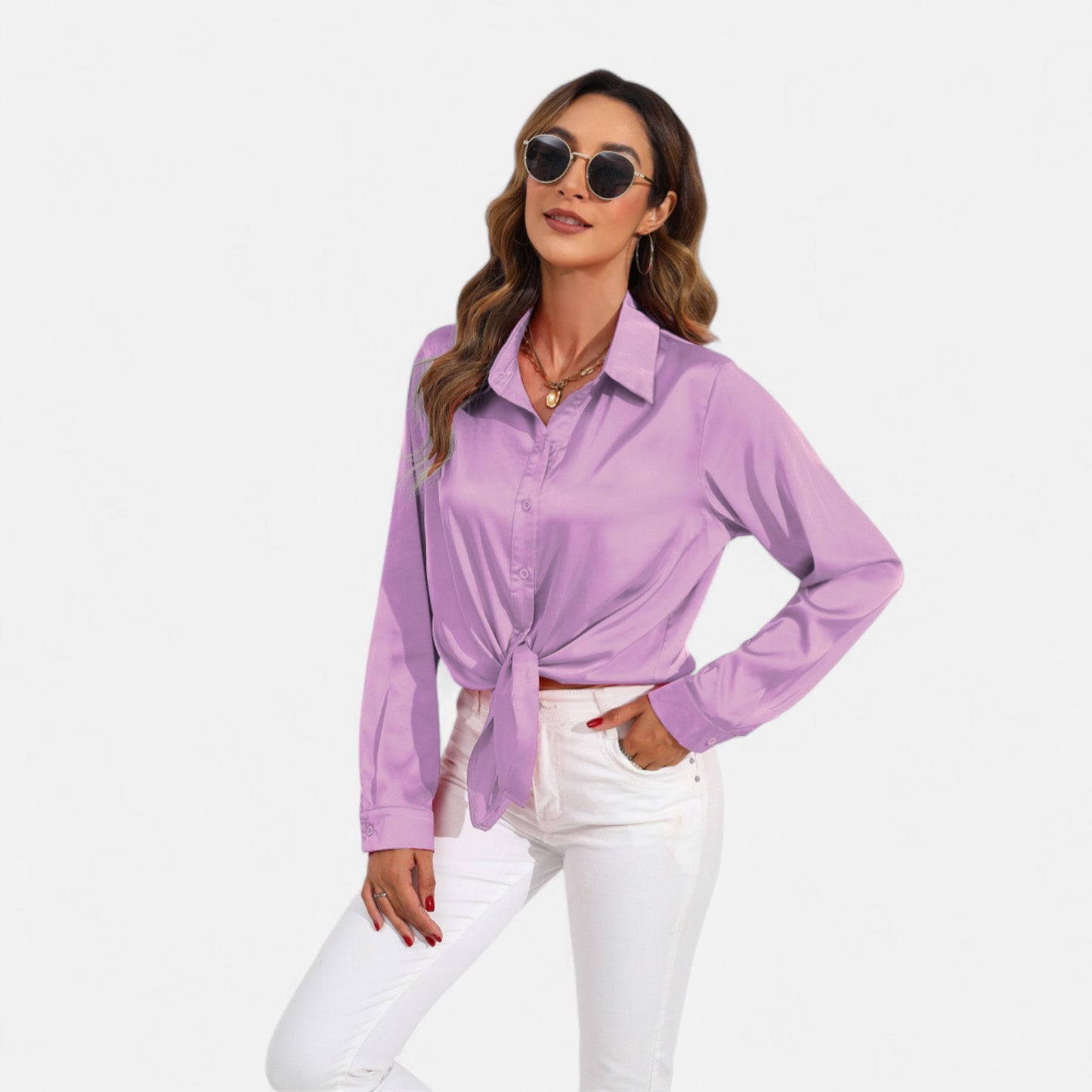 Ritouh | Women’s Satin Blouse – Long Sleeve Elegance in Solid Colour