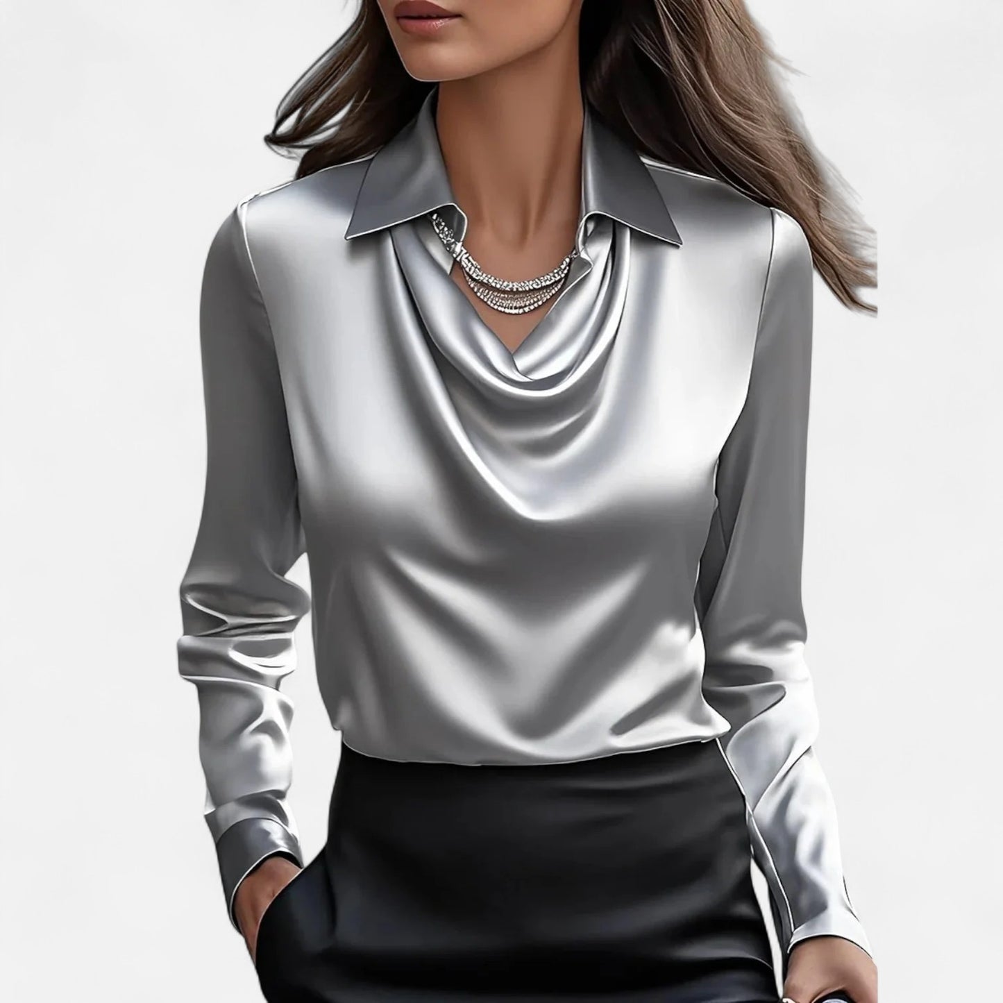 Ritouh | Women’s Satin Blouse – Draped Neck Elegance in White