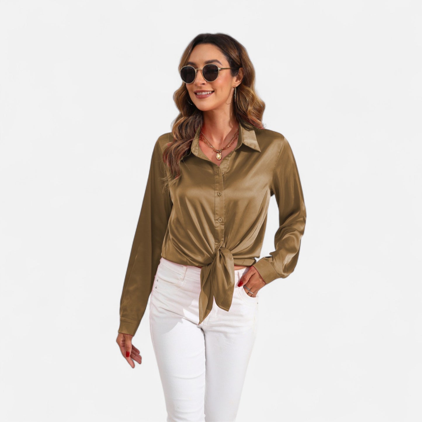 Ritouh | Women’s Satin Blouse – Long Sleeve Elegance in Solid Colour
