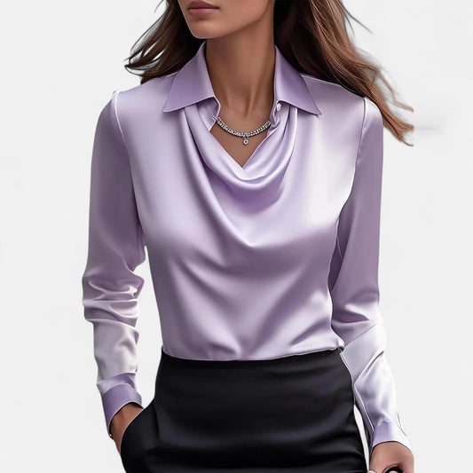 Ritouh | Women’s Satin Blouse – Draped Neck Elegance in White