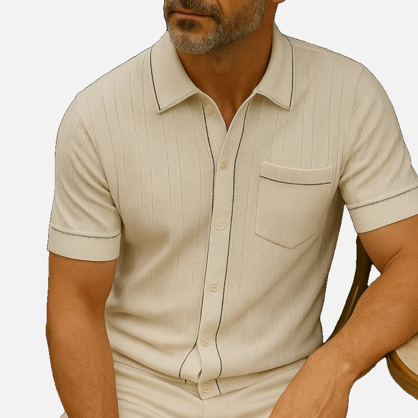 Ritouh | Men’s Knit Button-Up Shirt – Ribbed Texture with Contrast Trim