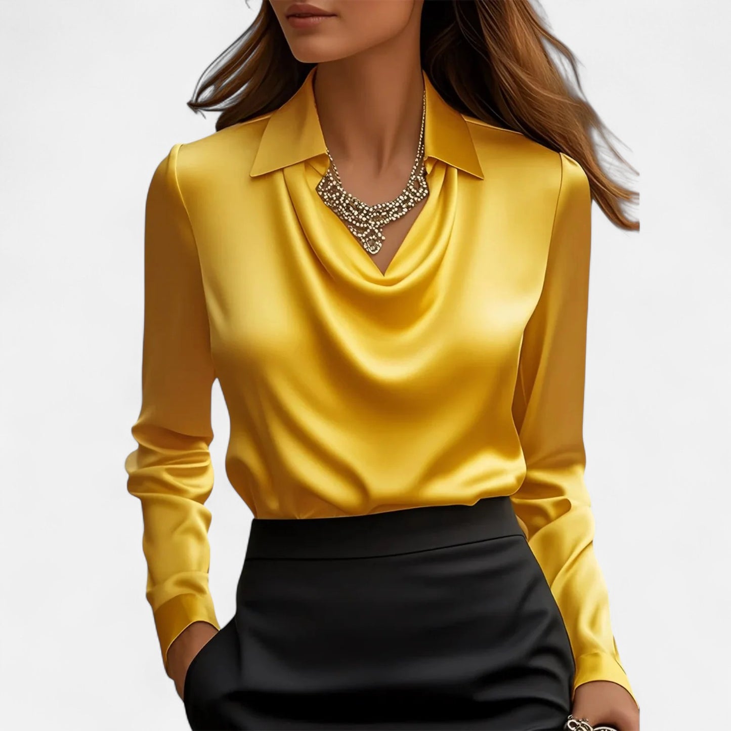 Ritouh | Women’s Satin Blouse – Draped Neck Elegance in White