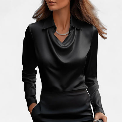 Ritouh | Women’s Satin Blouse – Draped Neck Elegance in White