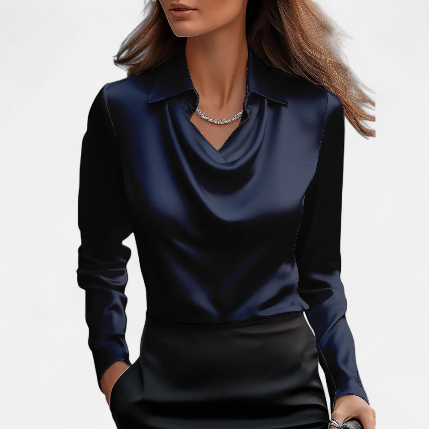 Ritouh | Women’s Satin Blouse – Draped Neck Elegance in White