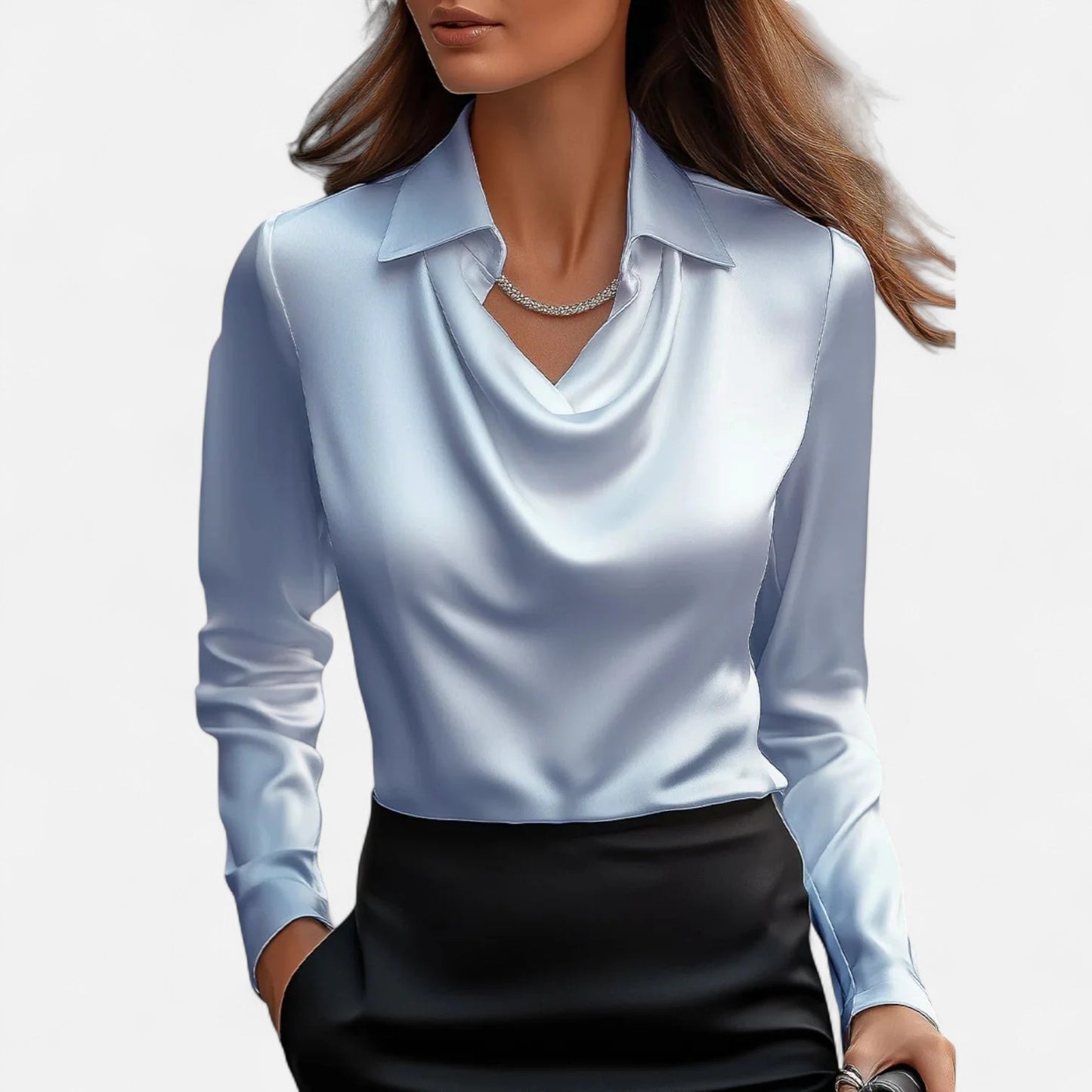 Ritouh | Women’s Satin Blouse – Draped Neck Elegance in White