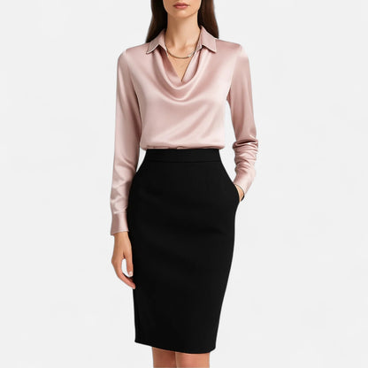 Ritouh | Women’s Satin Blouse – Draped Neck Elegance in White
