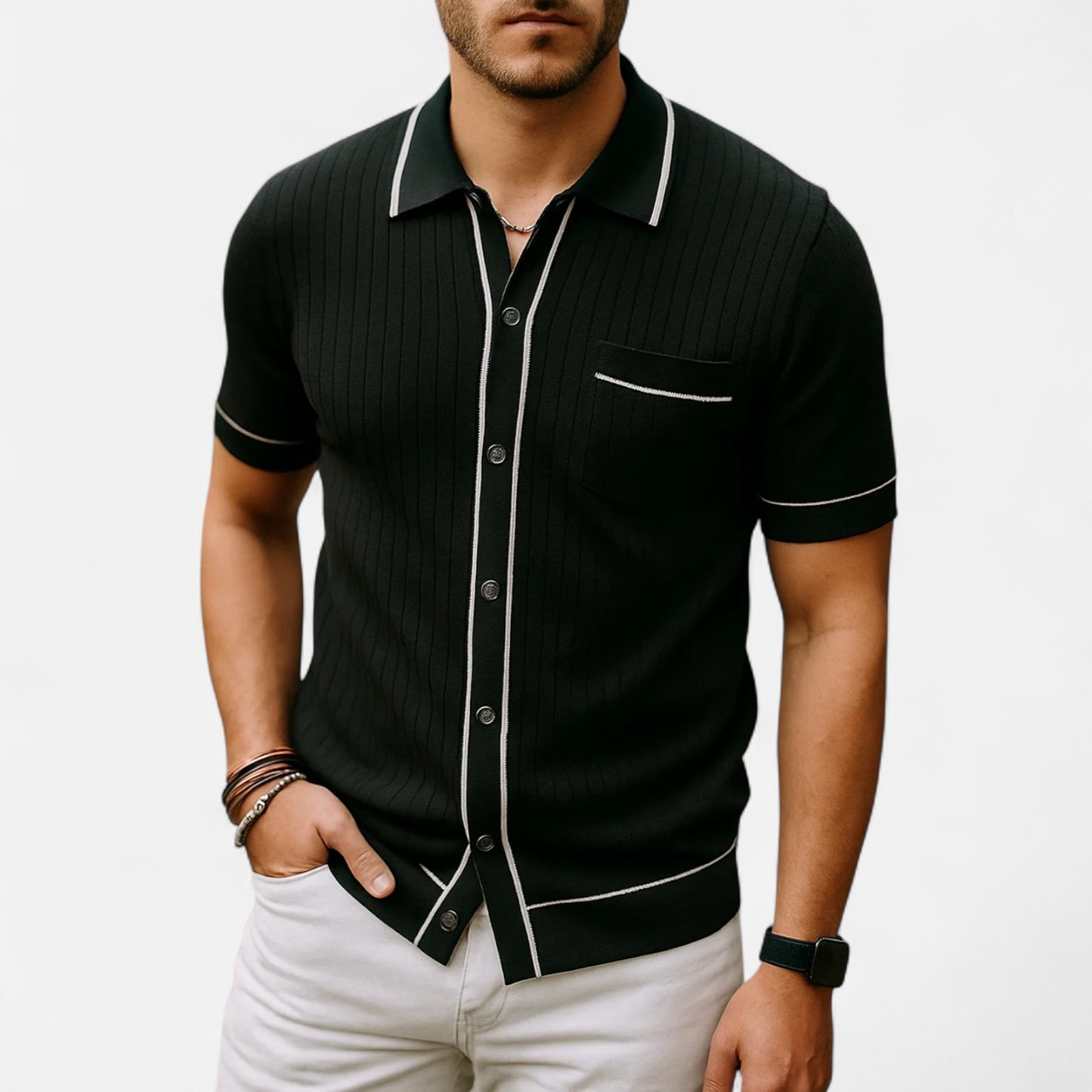 Ritouh | Men’s Knit Button-Up Shirt – Ribbed Texture with Contrast Trim