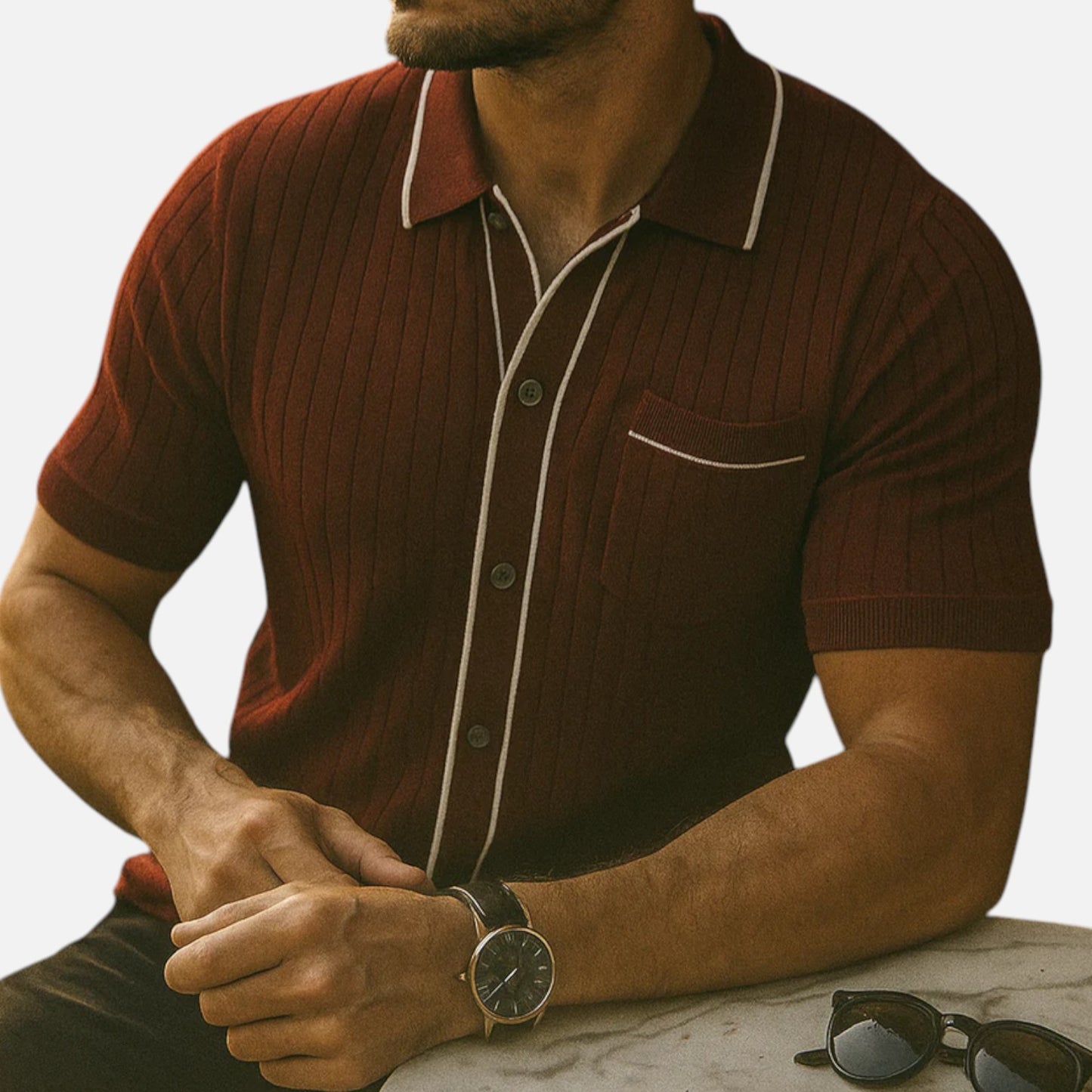 Ritouh | Men’s Knit Button-Up Shirt – Ribbed Texture with Contrast Trim