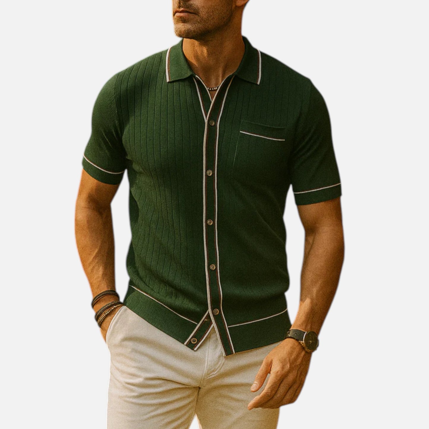 Ritouh | Men’s Knit Button-Up Shirt – Ribbed Texture with Contrast Trim