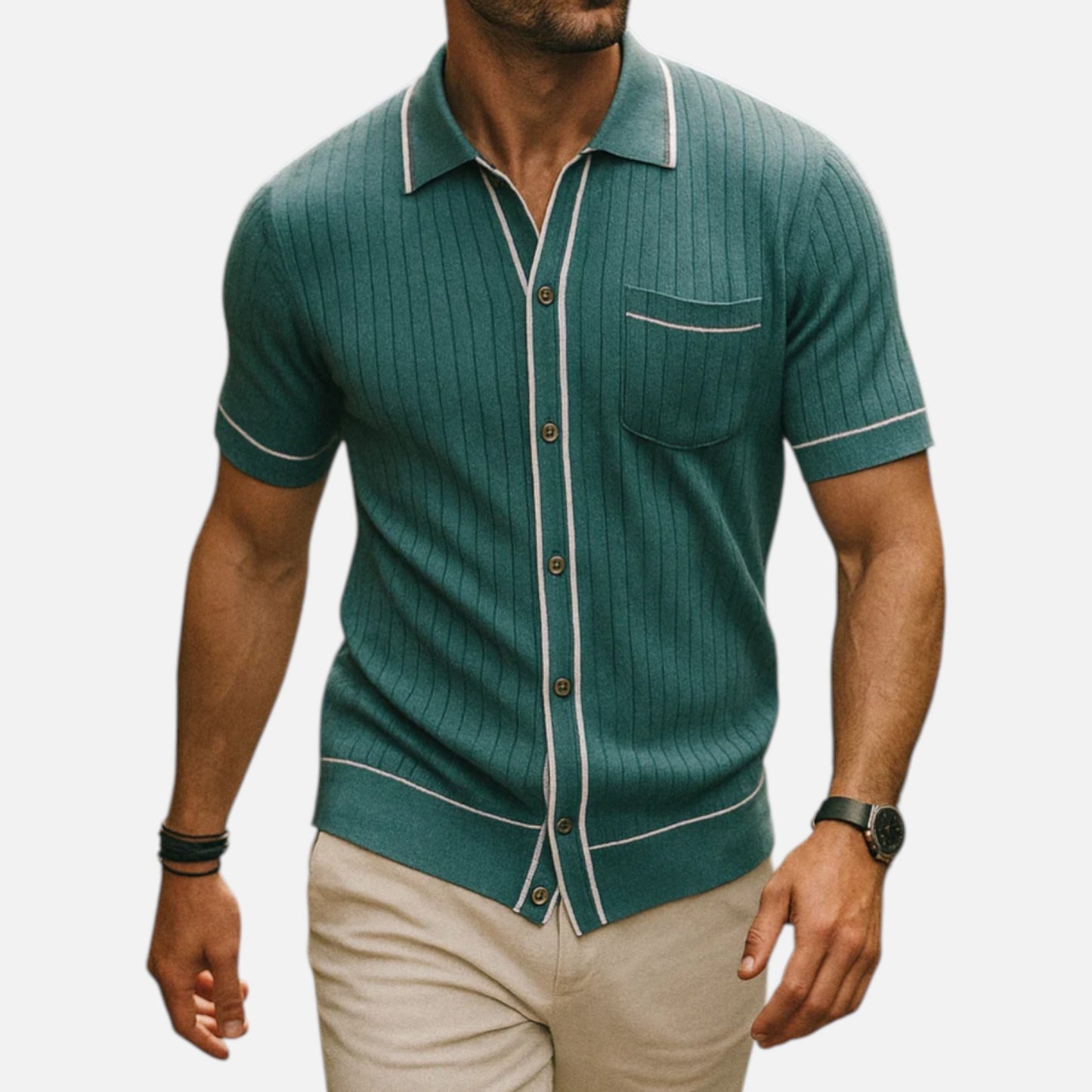 Ritouh | Men’s Knit Button-Up Shirt – Ribbed Texture with Contrast Trim