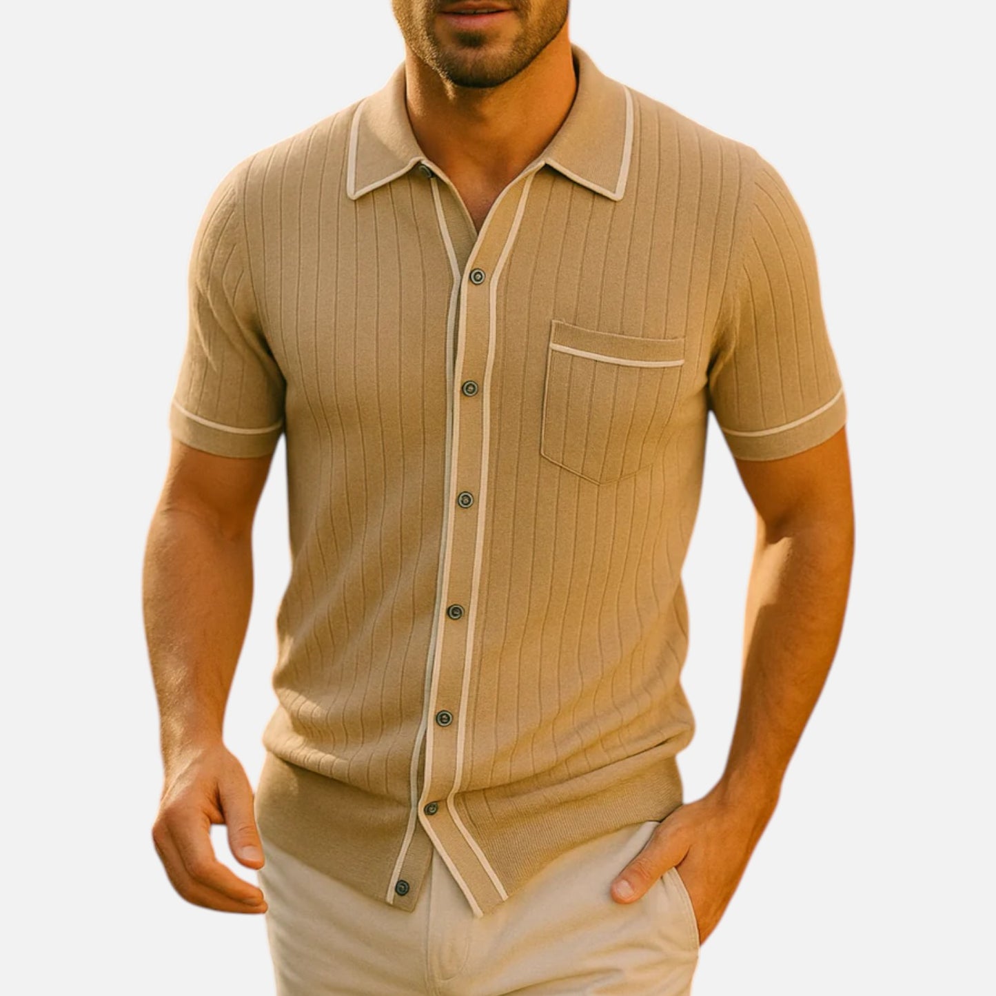 Ritouh | Men’s Knit Button-Up Shirt – Ribbed Texture with Contrast Trim