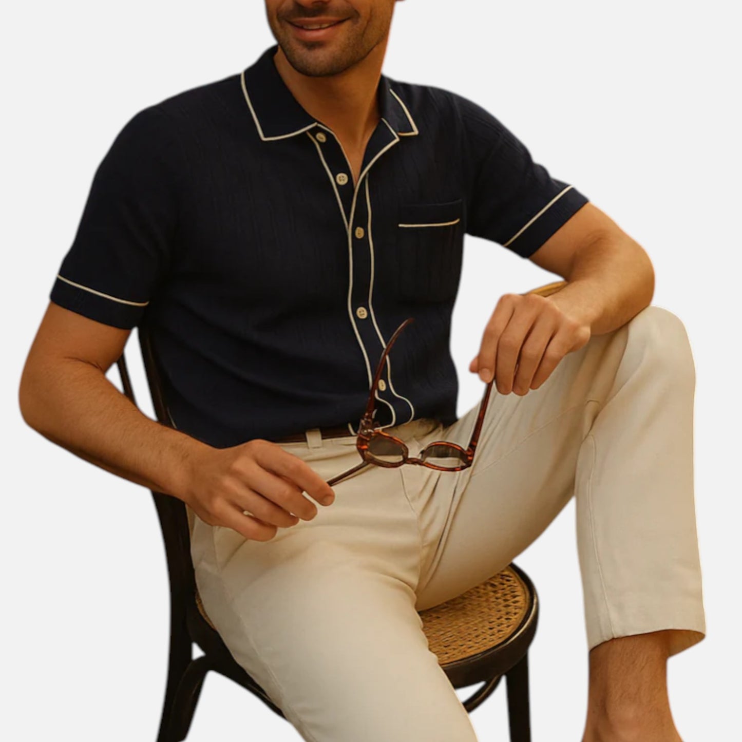 Ritouh | Men’s Knit Button-Up Shirt – Ribbed Texture with Contrast Trim