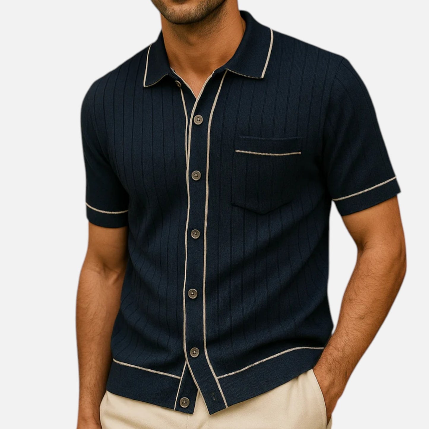 Ritouh | Men’s Knit Button-Up Shirt – Ribbed Texture with Contrast Trim