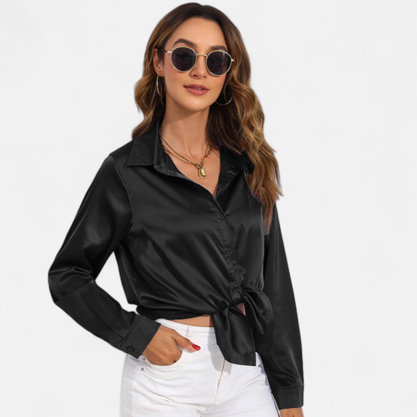 Ritouh | Women’s Satin Blouse – Long Sleeve Elegance in Solid Colour