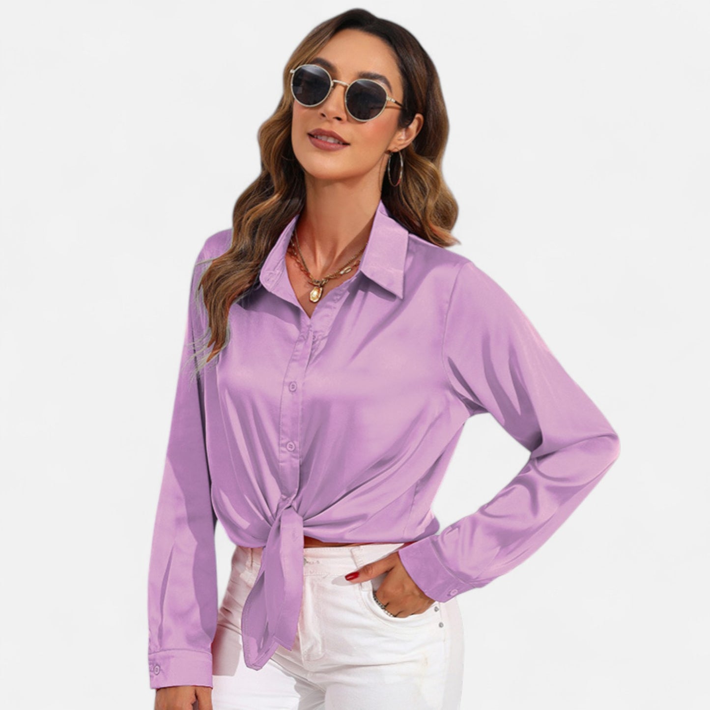 Ritouh | Women’s Satin Blouse – Long Sleeve Elegance in Solid Colour