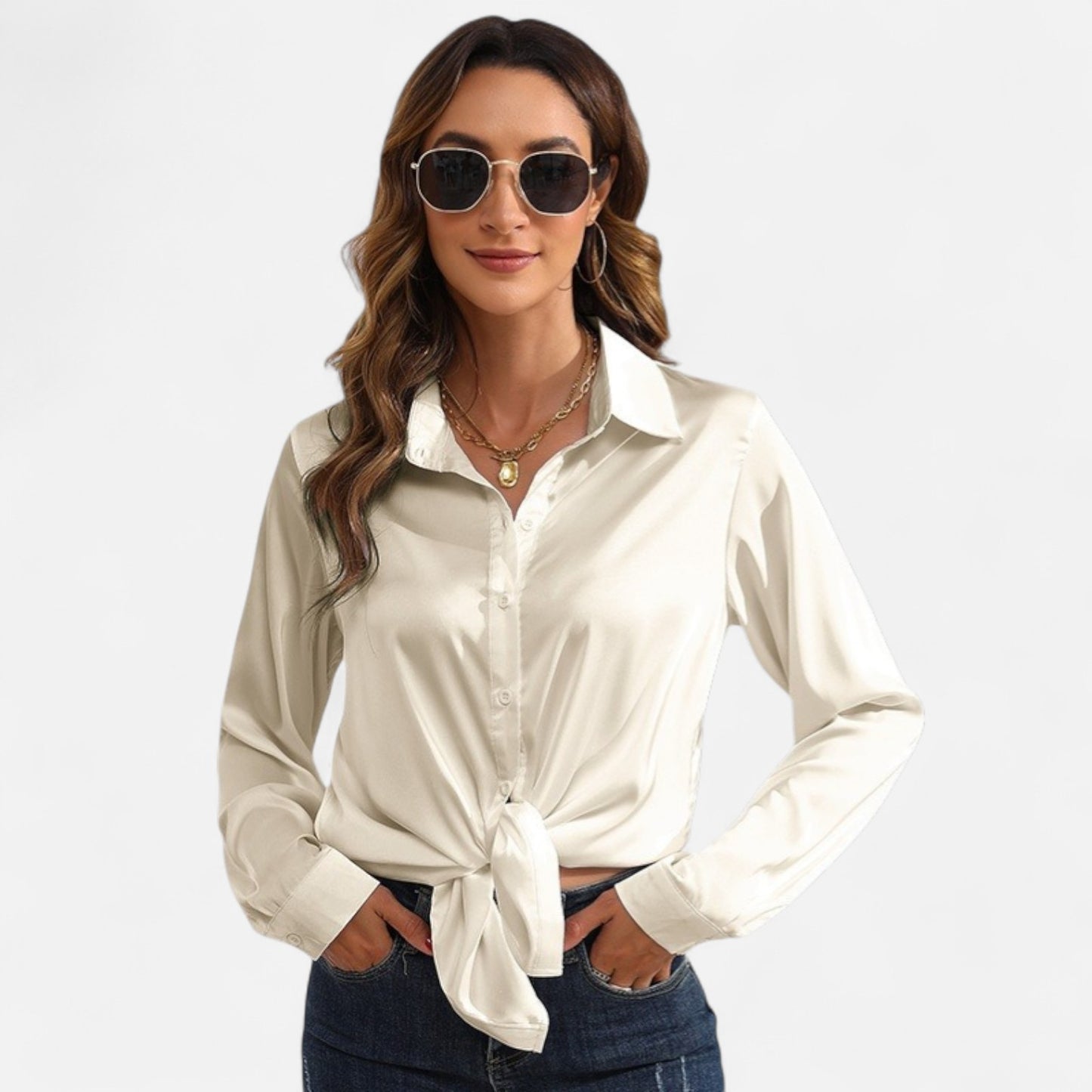 Ritouh | Women’s Satin Blouse – Long Sleeve Elegance in Solid Colour