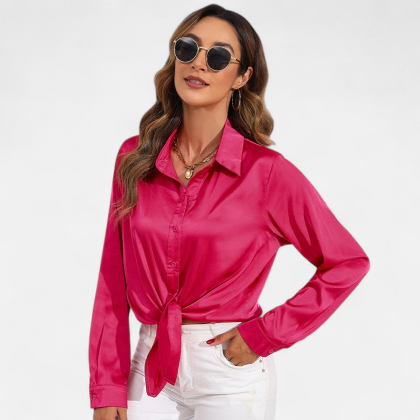 Ritouh | Women’s Satin Blouse – Long Sleeve Elegance in Solid Colour