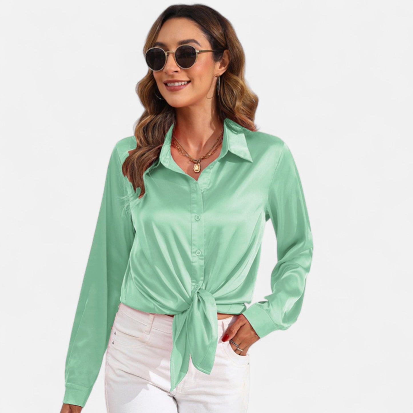 Ritouh | Women’s Satin Blouse – Long Sleeve Elegance in Solid Colour